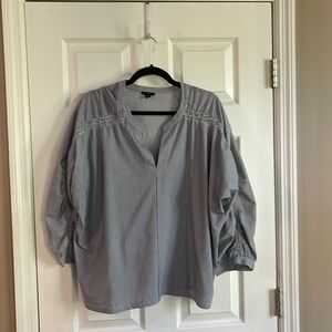 Ann Taylor Navy & White Pin Stripe Top w/ Large Puffed Sleeves